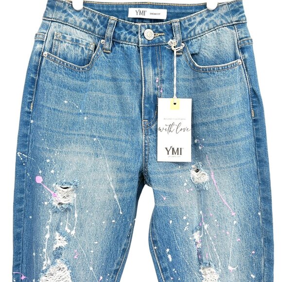 YMI Women's Distressed Splatter Paint Raw Hem Stretch  Blue Denim Jeans Size 5 - Picture 3 of 12